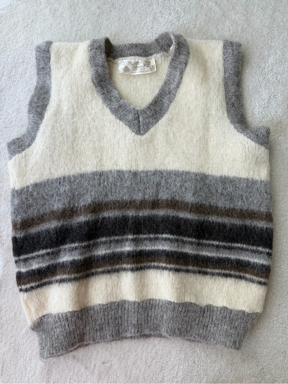Ice Wool Iceland 100% Pure Wool V-Neck Striped Mohair Vest - Cream & Gray